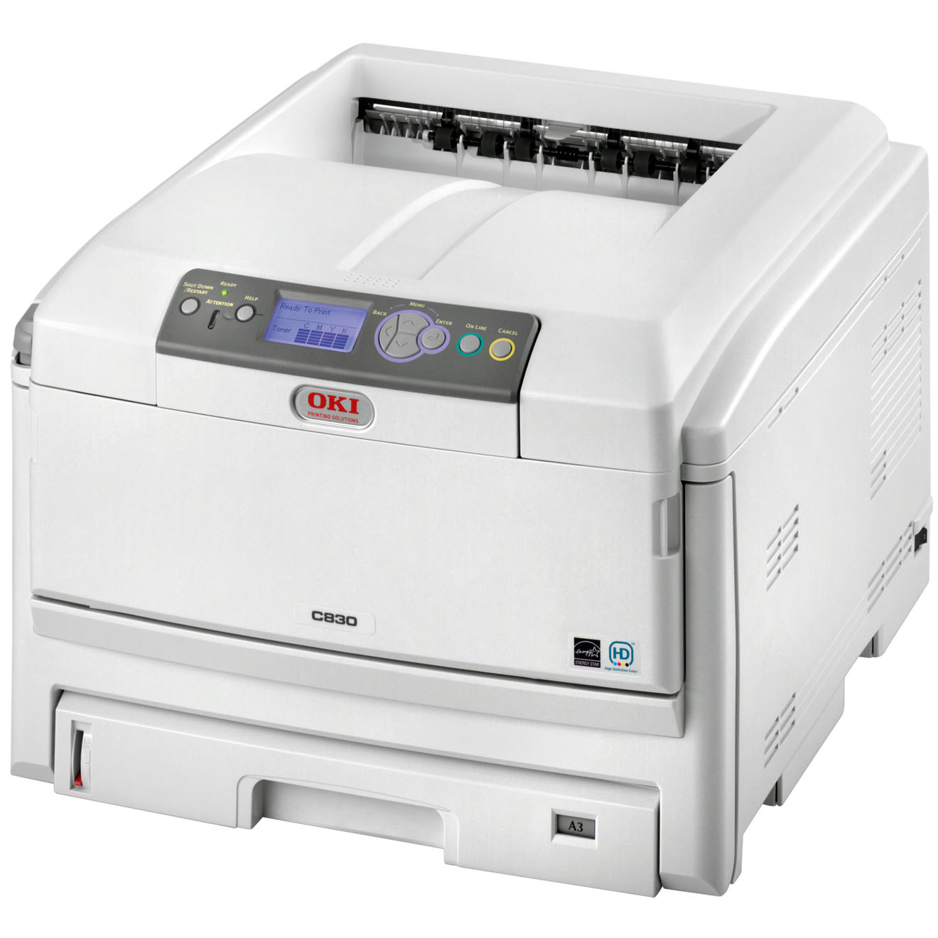    OKI C830dn color laser (LED) printer (A3, 1200x600dpi, 30(32)ppm, 256Mb, 2trays 100+300, Duplex, Parallel, USB, LAN, PS3)