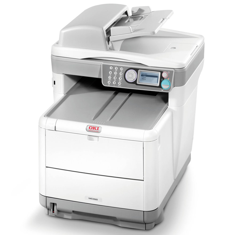   OKI MC350 color laser (LED) MFP (p, c, s, A4, 1200x600dpi, 12(16)ppm, 128Mb, 2trays 1+250, ADF 50, USB, LAN)