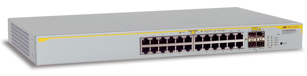Allied Telesis Layer 2 switch with 24-10/100/1000Base-T ports plus 4 active SFP slots (unpopulated)