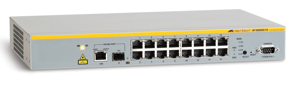 Allied Telesis 16x10/100TX + 1x10/100/1000T or SFP, managed L2, fanless, 19-inch rackmount hardware included