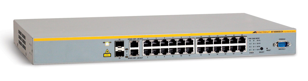  Allied Telesis 24 x10/100TX + 2x10/100/1000T or SFP, managed L2, Stackable, up to 6 units, 19-inch rackmount hardware included