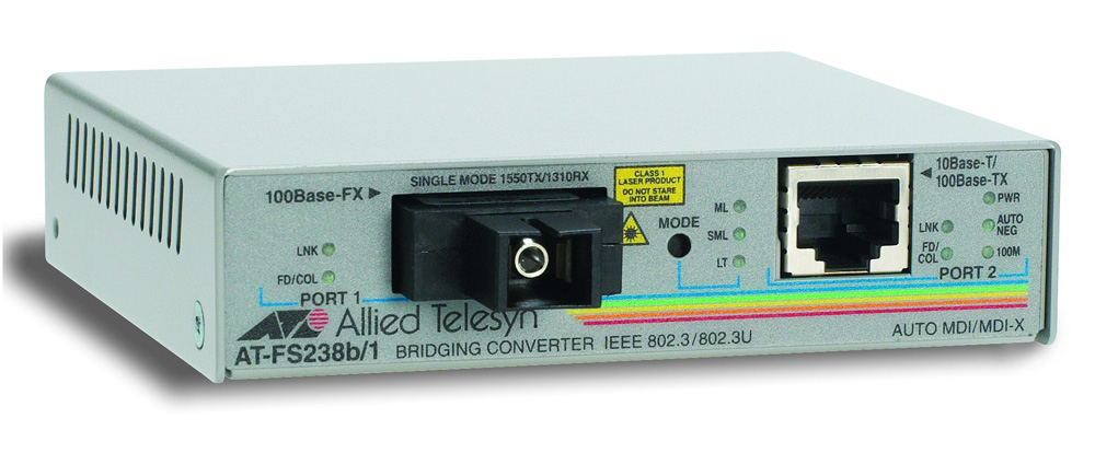 Allied Telesis Single-fiber 10/100M bridging converter with 1310Tx/1550Rx, 15km reach, operating temperature of 65C