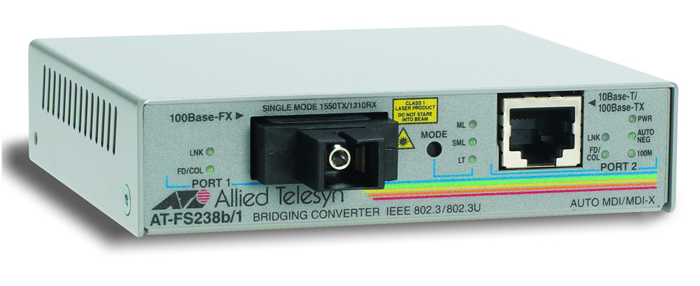 Allied Telesis Single-fiber 10/100M bridging converter with 1550Tx/1310Rx, 15km reach, operating temperature of 65C