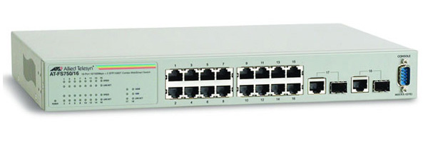 Allied Telesis 16x10/100 Websmart switch + 2 SFP/1000T Combo Ports (VLAN group, Port Trunking, Port Mirroring, QoS) rackmount hardware included