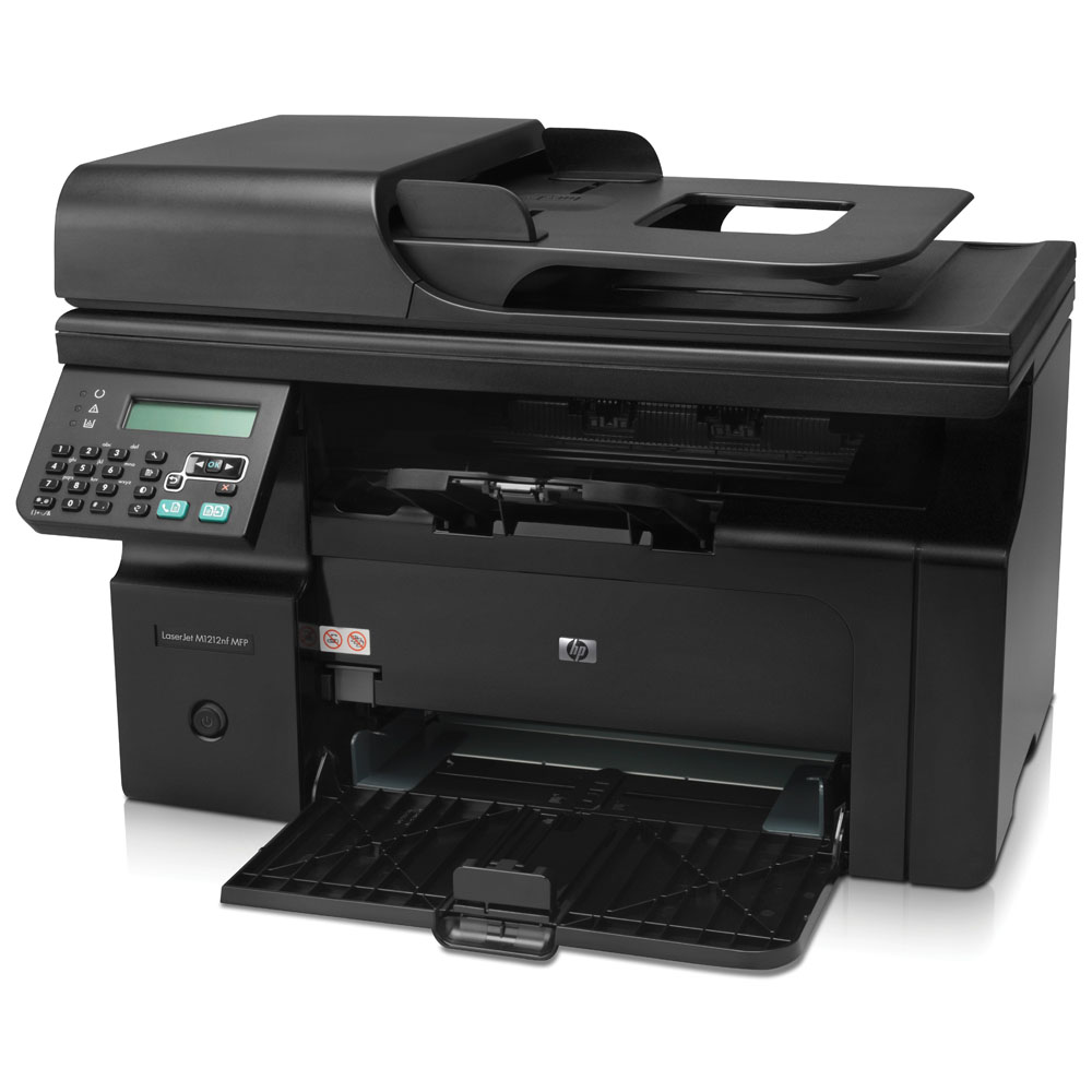 -   HP LaserJet Pro M1212nf MFP (printer/copier/scanner/fax, A4, 1200dpi, 18ppm, 64 Mb, 1 tray 150, ADF 35 sheets, USB, LAN, Flatbed, black, Cartridge 700 pages in box, replace CB459A)