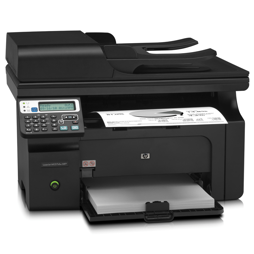 -   HP LaserJet Pro M1217nfw MFP (printer/copier/scanner/fax, A4, 1200dpi, 18ppm, 64 Mb, 1 tray 150, ADF 35 sheets, USB, LAN, Wireless, Flatbed, black, Cartridge 1600 pages in box)