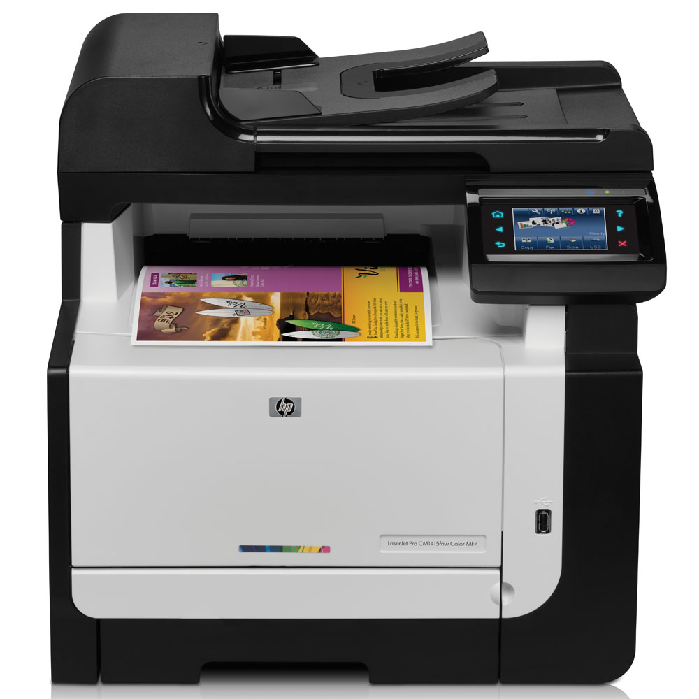    HP Color LaserJet Pro CM1415fnw MFP (p/c/s/f, 600x600dpi, ImageREt3600, 8(12) ppm, 160Mb, ADF35 sheets, tray150, USB, LAN, Wireless, 4Cartriges750pages in box, replace CC431A)