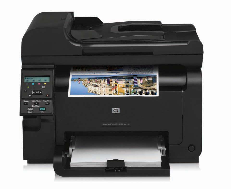    HP LaserJet Pro 100 Color MFP 175a (p/c/s, A4, 2400dpi, 16/4ppm, 128 Mb, 1 tray 150, ADF 35 sheets, USB, Flatbed, black, PS, 4 Cartridges 500 pages in box)