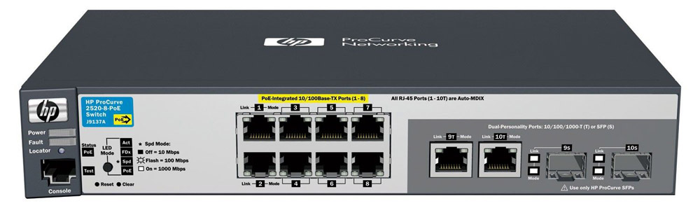    HP ProCurve Switch 2520-8-PoE   (8 ports 10/100 PoE + 2 10/100/1000 or 2 SFP, Managed, Layer 2, Fanless design)