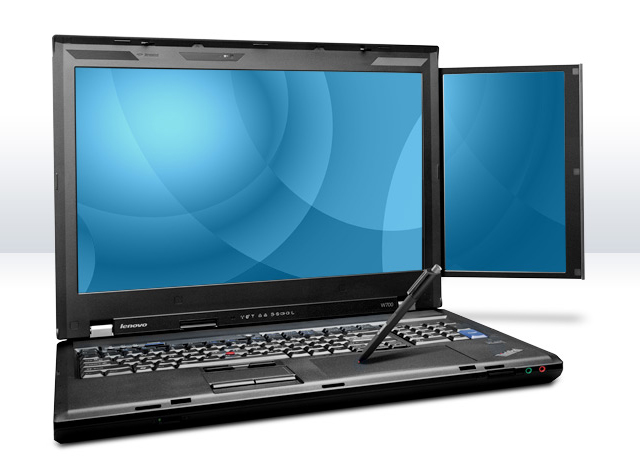    Lenovo ThinkPad W701   Intel Core i7 Processor 720M 2.4GHz 3MB L3 cache FSB 1066MHz; RAM 4096MB PC3-8500 DDR3 SDRAM; HDD 500Gb 7200rpm SATA; Dual Display: 17  TFT(1920x1200) WUXGA + 10.6  TFT (768x1280) WXGA; NVIDIA Quadro FX 2800 1 GB; Camera; Multiburner drive; Gigabit Ethernet; ThinkPad Wireless BG; Bluetooth 2.0; ThinkPad UltraNav; No Integrated color calibration, no digitizer and pen; Media Card Reader; Fingerprint Reader; UltraNav; IEEE 1394; 9 cell battery; Windows 7 Professional 64