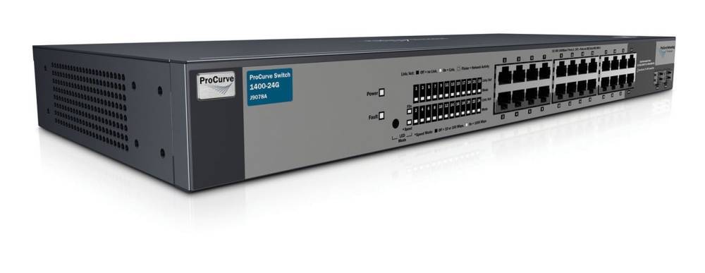    HP ProCurve Switch 1400-24G   (22 ports 10/100/1000 +2 10/100/1000 or 2Gbics, Unmanaged, Fanless design, 19')