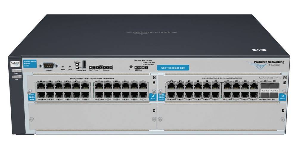    HP ProCurve Switch 4204vl-48GS   4-slot chassis (Managed, Layer 3 static, 2 open slots+1x24-port GigEth+1x20-port GigEth and 4 SFP modules, Stack 19')