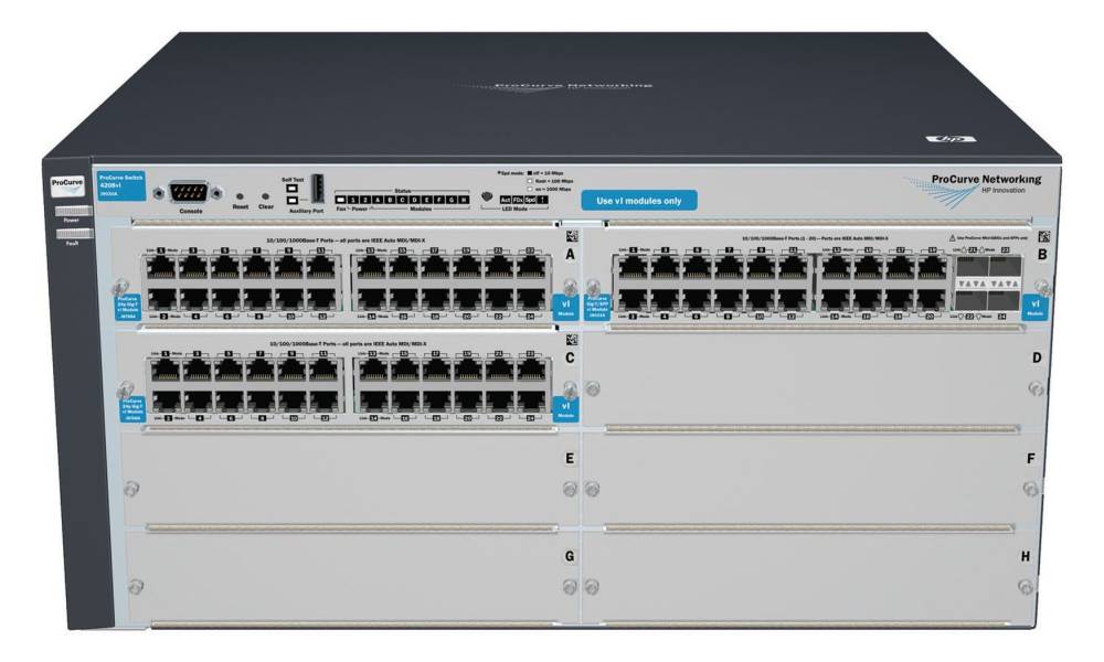  HP ProCurve Switch 4208vl-72GS 4-slot chassis (Managed, Layer 3 static, 5 open slots+2x24-port GigEth+1x20-port GigEth and 4 SFP modules, Stack 19')