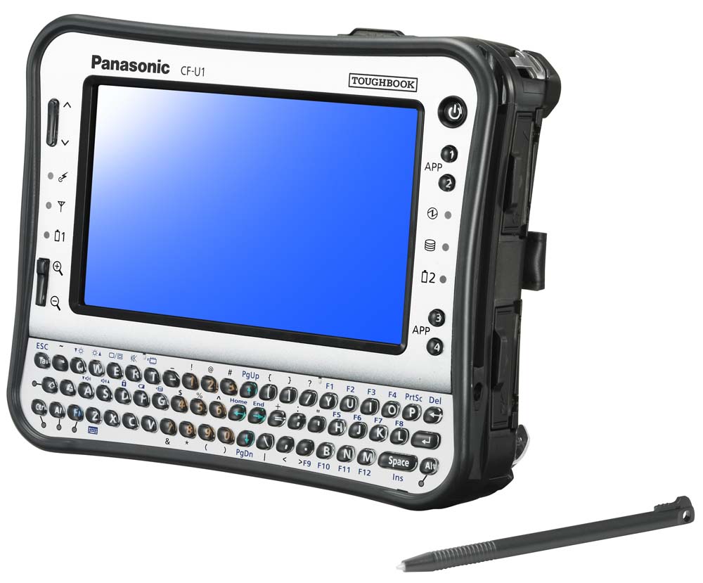    Panasonic Toughbook CF-U1   Intel Atom processor Z530 1.6GHz 512KB L2 Cache 533MHz FSB; 2048MB SDRAM DDR2; SSD 64GB; Display 5.6  TFT(1024x600) WSVGA with Touchscreen; Intel SCH GMA500 integrated video controller max. 256MB UMA VRAM; WLAN 802.11b/g; Bluetooth; GPS; 3G modem; Camera; SD slot; Li-Ion battery; QWERTY Keyboard; Windows 7 Professional