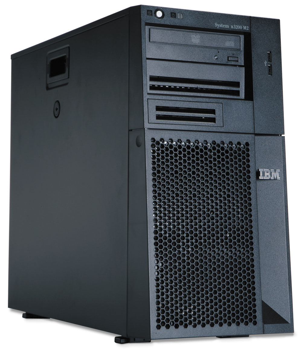  IBM System x3200 M2 Tower; Intel Xeon X3320 2.50 Ghz QuadCore Processor with L2 cache 6MB FSB 1333MHz; RAM 2x512MB PC2-5300 DDR2 SDRAM ECC; 5 x 3.5-inch slim bay; HDD 2 x 250GB 7200K rpm Simple-Swap SATA; Integrated SATA/SAS controller; Power 1 x 400 Watt; Multiburner; No FDD; Gigabit Ethernet